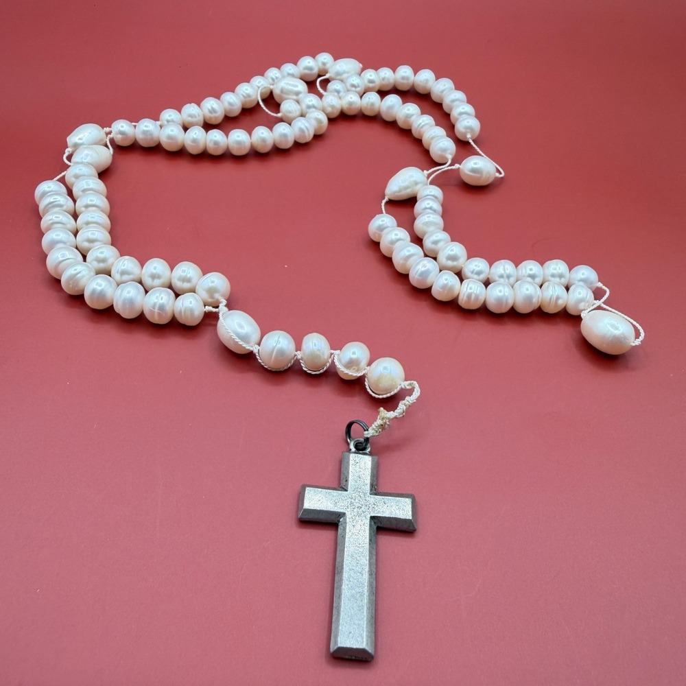 White Pearl Multi Strand Cross Pendant Necklace Silver Tone Christian Statement